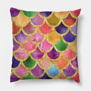 Watercolor and Gold Mermaid Scales Pattern Pillow