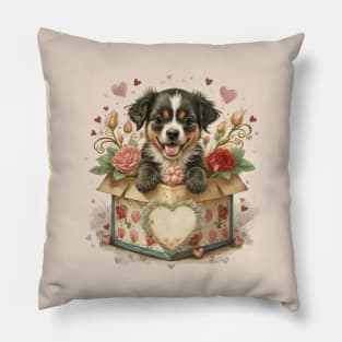 Cute Puppy in a candy box illustration Pillow