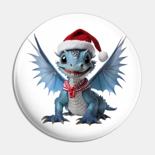 Realistic Artwork of a Cute Blue Baby Dragon Wearing a Red Santa Christmas Hat Pin