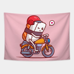 Cute Sushi Riding Motorbike Cartoon Tapestry