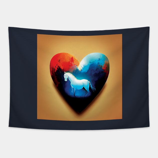 White Horse In a Heart Shape in a colourful abstract style Tapestry by Geminiartstudio