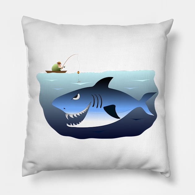 Fisherman being stalked by a great white shark Pillow by naturalis