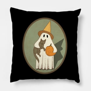 Vintage Ghost with Cat Halloween Graphic Pillow