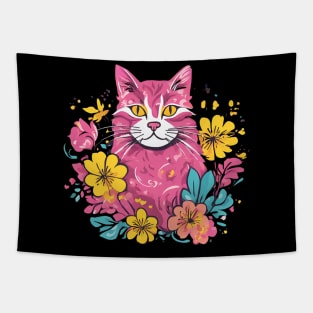 Pretty Pink Feline Floral Tapestry