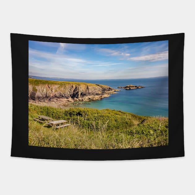 Bench with a view on the Welsh coast Tapestry by yackers1