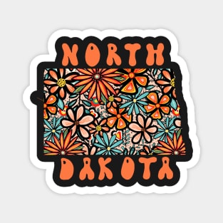 North Dakota State Design | Artist Designed Illustration Featuring North Dakota State Outline Filled With Retro Flowers with Retro Hand-Lettering Magnet