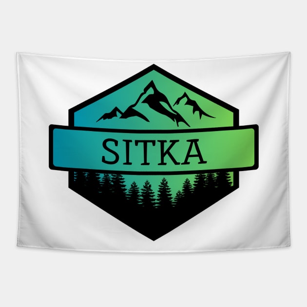 Sitka Alaska Mountains and Trees Tapestry by B & R Prints