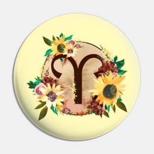 Aries Zodiac Horoscope Maroon and Sunflower Floral Monogram Pin