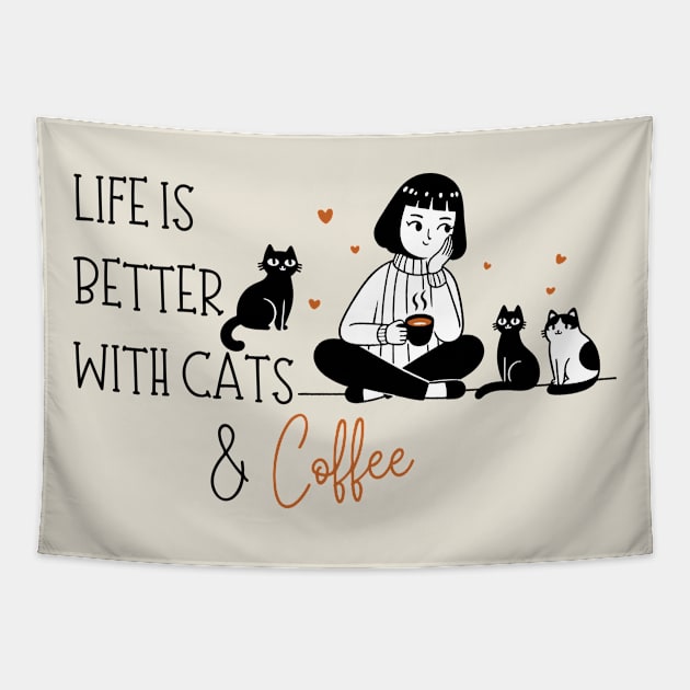 Life is Better with Cats and Coffee Tapestry by KittenMe Designs