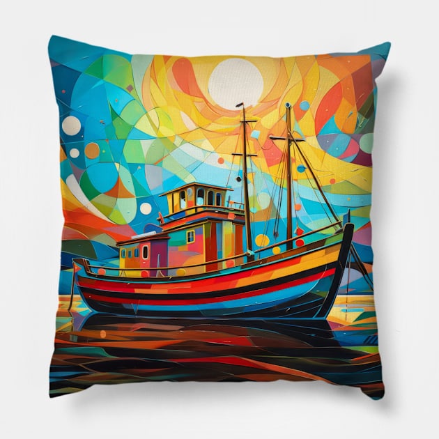 Fishing Boat Concept Abstract Colorful Scenery Painting Pillow by Cubebox