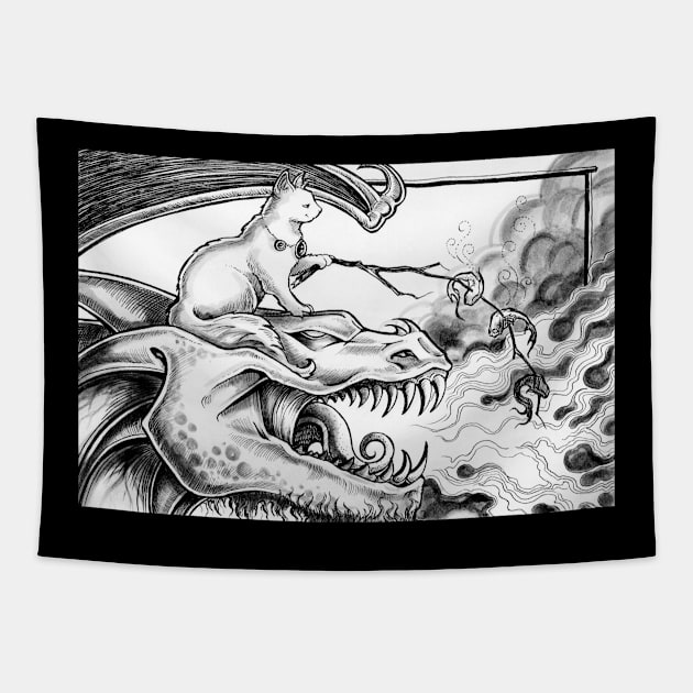 Cat with Pet Dragon Roasting Fish Tapestry by Nat Ewert Art