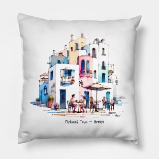 Grecian Getaway: Serene Mykonos Town Sketch | Watercolor Travel Pillow