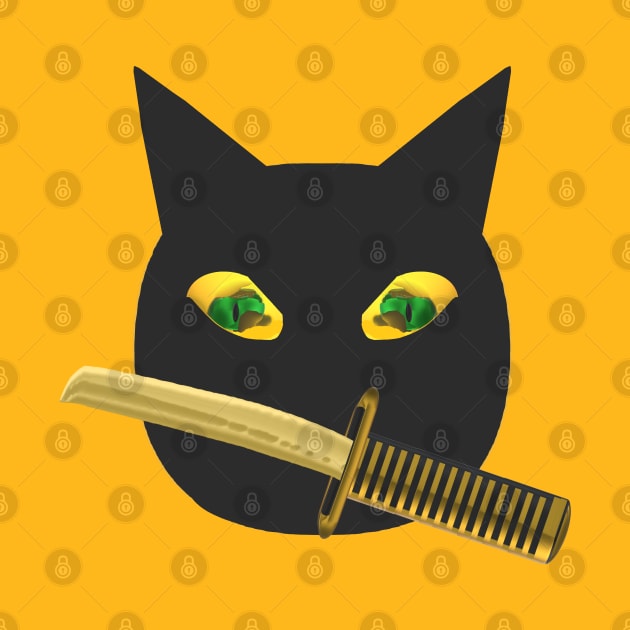 Halloween Ninja Cat. Black Cat with Jack o Lantern Eyes and Sword. (Orange Background) by Art By LM Designs 