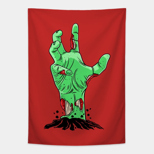 Creepy Zombie Cartoon Hand Rising from the Grave Tapestry by OccultOmaStore