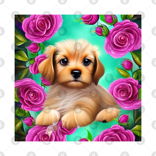 Cute Puppy in Roses by AnnieDreams