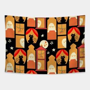 Halloween Windows at Night with Ghost and Black Cats Tapestry