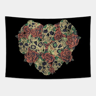 Skulls Heart Roses Red Flowers Bones Spooky Tapestry