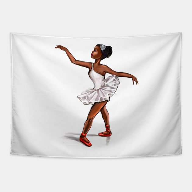 Ballet in red shoes - ballerina doing pirouette in white tutu and red shoes  - brown skin ballerina Tapestry by Artonmytee