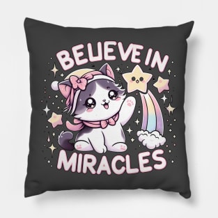 Believe in miracles - Cute kawaii cats with inspirational quotes Pillow