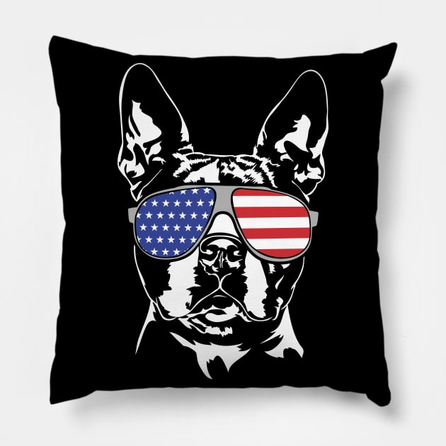 Patriotic Boston Terrier with American Flag sunglasses Pillow by wilsigns