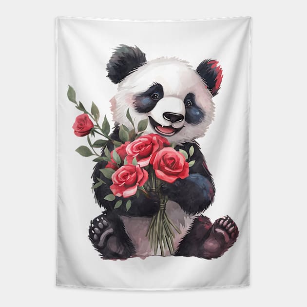 Valentine Panda Bear Giving Flowers Tapestry by Chromatic Fusion Studio