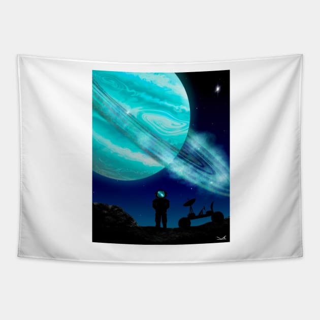 Blue ringed planet and astronaut Tapestry by FernheartDesign