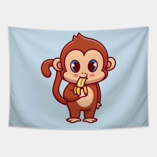 Cute Monkey Eating Banana Cartoon Tapestry