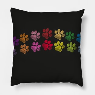 Cute doodle hand drawn colorful paw prints foot step vector black background Pillow