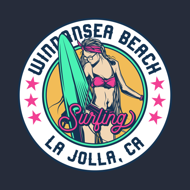 Retro Surfer Babe Badge Windansea Beach La Jolla California by Now Boarding