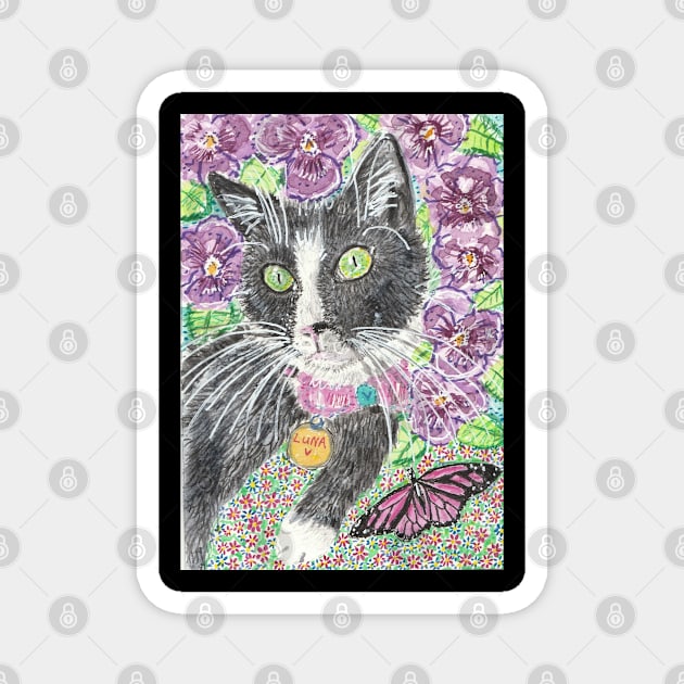 Luna tuxedo cat butterfly Magnet by SamsArtworks