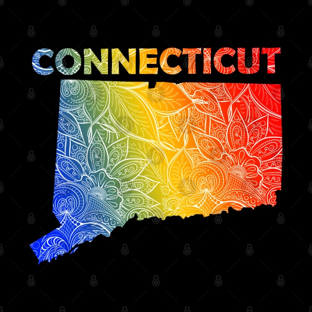 Colorful mandala art map of Connecticut with text in blue, yellow, and red by Happy Citizen