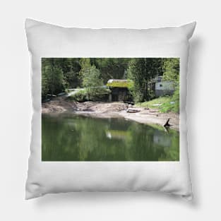 Lake with a bridge with a straw roof Pillow