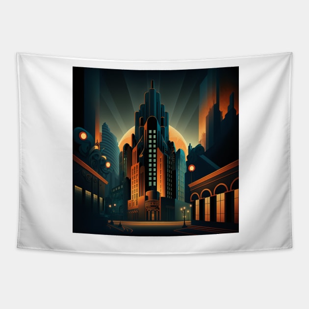 Art Deco Style Cityscape Tapestry by TheArtfulAI