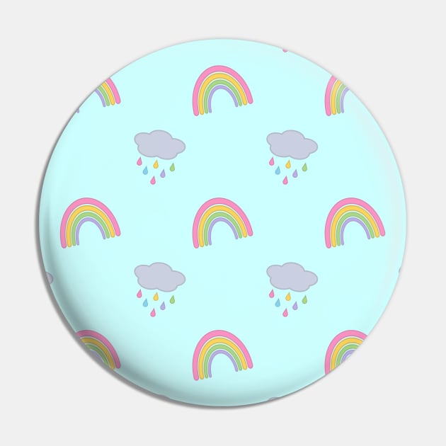 Rainbow and Rain Clouds Pattern in Blue Pin by Kelly Gigi