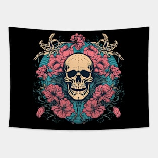 Tropical Skull with Flowers Tapestry