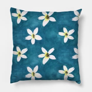 Watercolor jasmine flower on blue Pillow