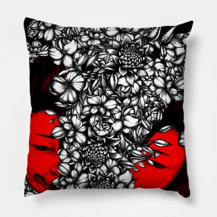 Red geisha with white flowers Pillow