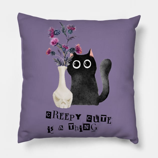 Black Witches Cat Creepy Cute Pillow by JessiT