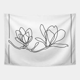 Magnolia Flowers Line Drawing - Black Tapestry