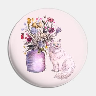 White Cat Sits Under Flowers Pin