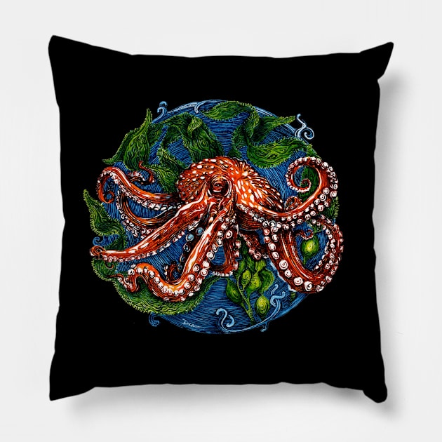 Giant Pacific Octopus in kelp color ink drawing Pillow by tsd-fashion