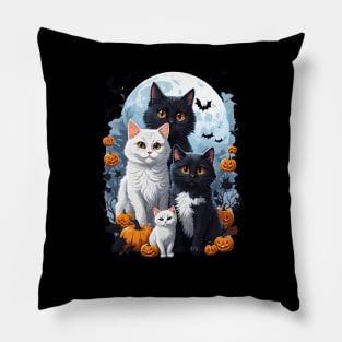 "Harmonious Halloween: Cat Lovers Under the Big Full Moon with Black and White Couple Cats" Pillow