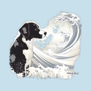 Black and white Dog in Kanagawa Waves T-Shirt