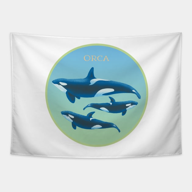 ORCA trio, Killer Whale, Dolphin - green blue Tapestry by LeanneTalbot