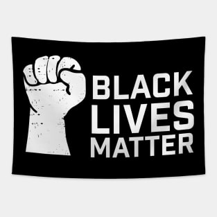 Black Lives Matter white typography design with fist Tapestry