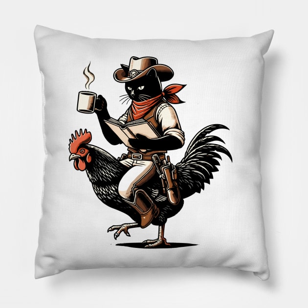 Cat Reading a Book And Drinking Coffee Riding Chicken Pillow by VisionDesigner