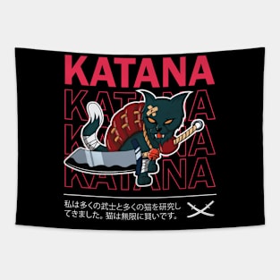 Fierce Repeated Katana Text Cat T-Shirt Tapestry