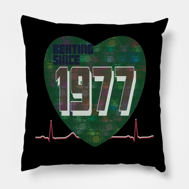 1977 - Beating Since (heart with green drum Kit overlay) Pillow by KateVanFloof