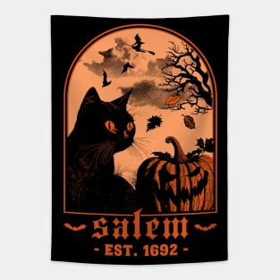 Salem 1692 - Black Cat Pumpkin - Retro Vintage Halloween Tapestry