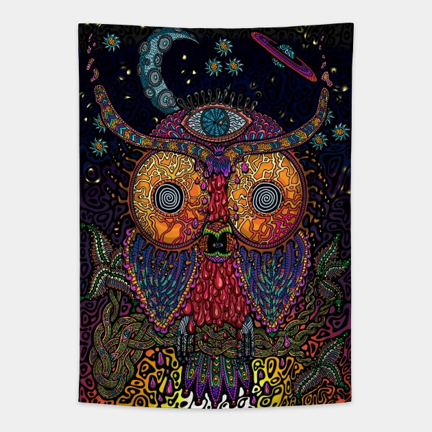 PSYCHEDELIC TRIPPY HORROR VACUI OWL ON BRANCH - full colour Tapestry by Xotico Design